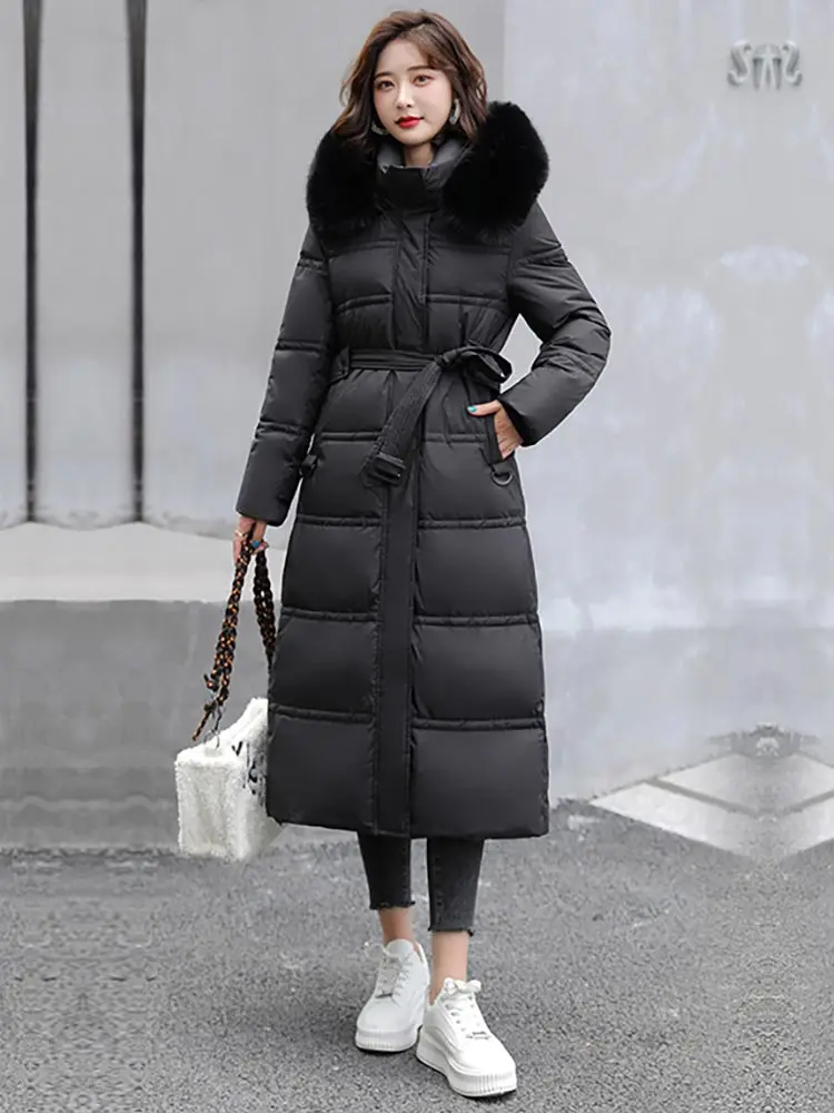 Vielleicht Winter Long Parkas for Women Hooded Fur Collar High Quality Warm Thick Female Coat Snow Wear Jacket Clothes With Belt