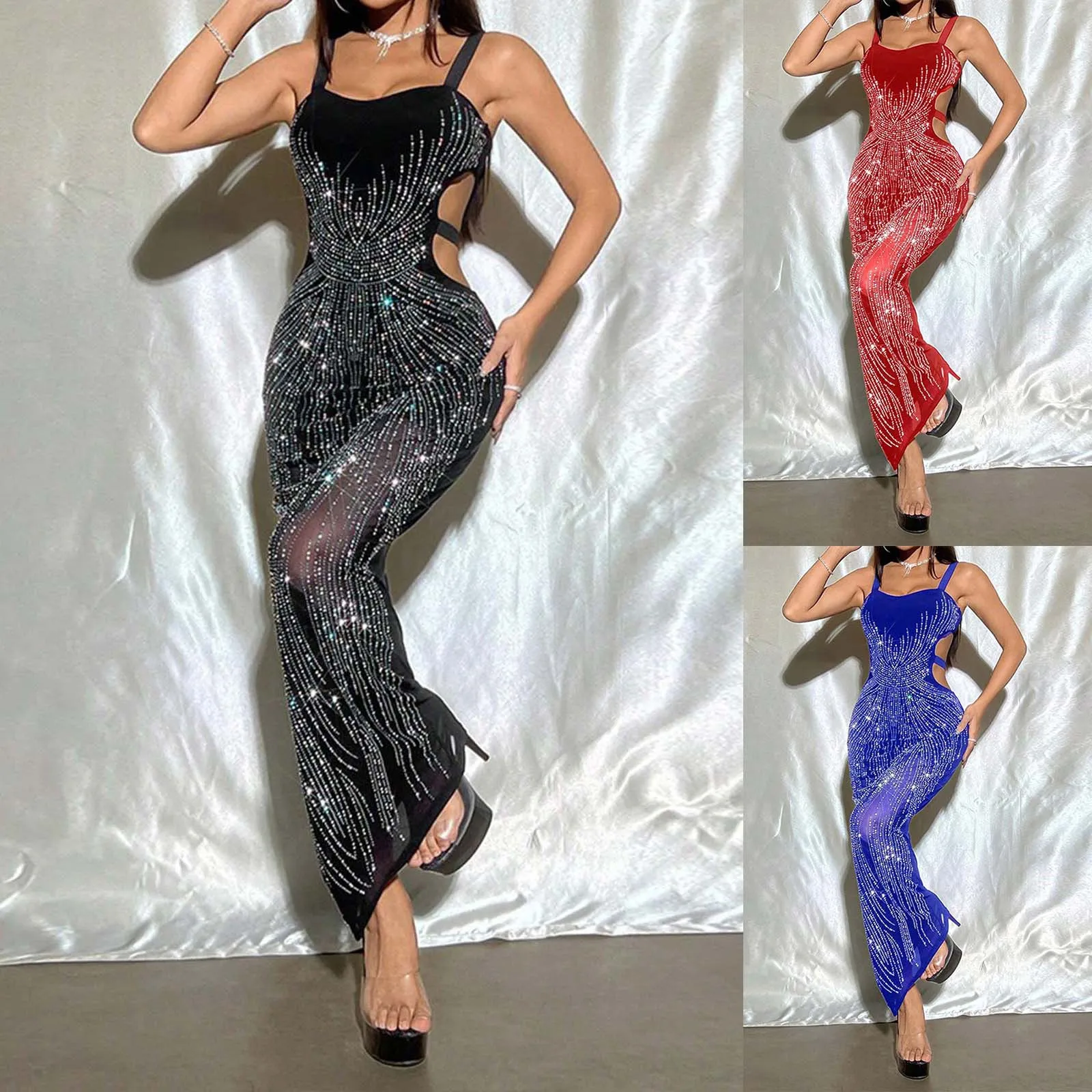 

New Women Luxury Spaghetti Strips Black Dresses Sexy Diamonds Hollow Out Sheath Slim See Through Night Club Birthday Party Robe