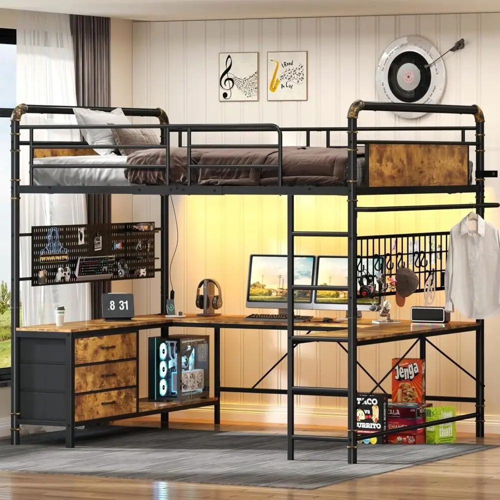Industrial-Style Full Loft Bed with U-Shape Desk, Storage, Safety Rail, and RGB Lighting