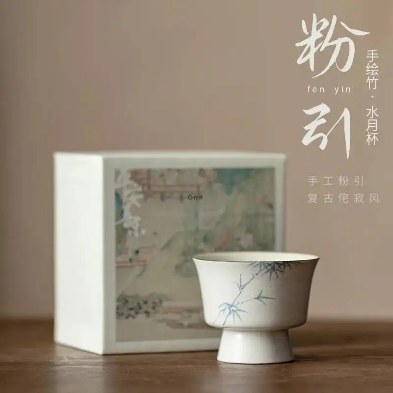 Tinta rosa, tinta blanca pintada a mano, taza de agua de bambú con forma de luna, taza de té de cerámica estilo Wabi-sabi, tazón de té, taza principal ligera de lujo individual