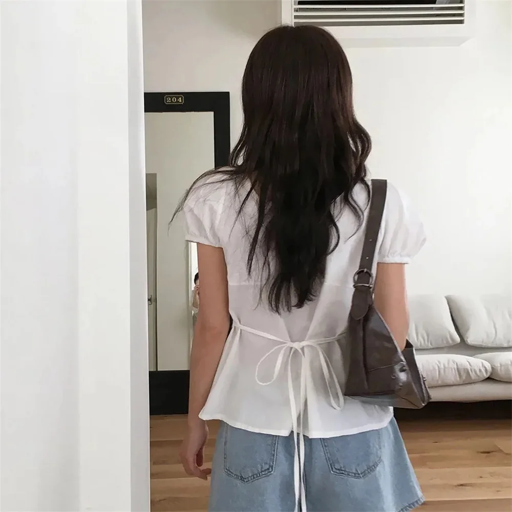 Korean Style Wind Style Belted Slim Fit Bubble Sleeve Slash Neck Shirt Women Summer Design Pressed Pleat Tops Short Sleeve Tops