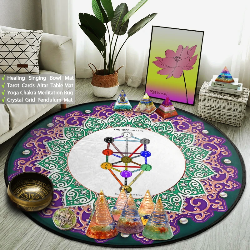 Kabbalah Tree Of Life Print Round Rug Sacred Geometry Buddhist Meditation Mat Reiki Indian Mandala Gym Carpet Yoga Room Decor