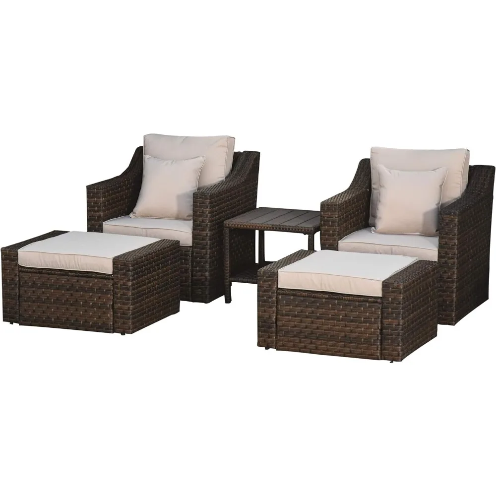 

5-piece patio furniture set, rattan conversation chair, ottoman set with coffee table, with cushions and pillows, balcony, lawn