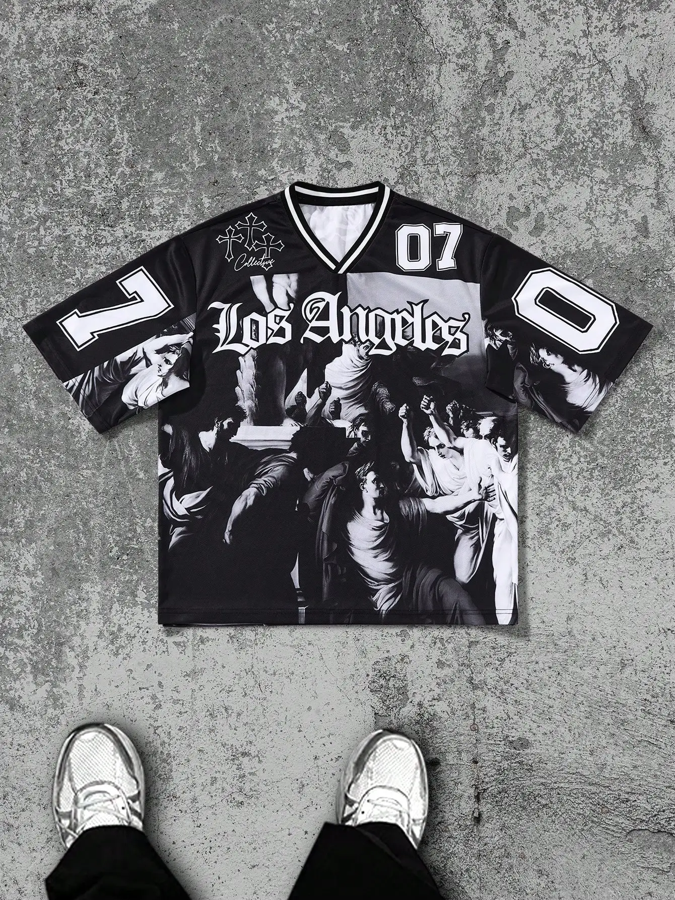 

Loose Fit Graphic Print V-Neck Short Sleeve Jersey Shirt for Men