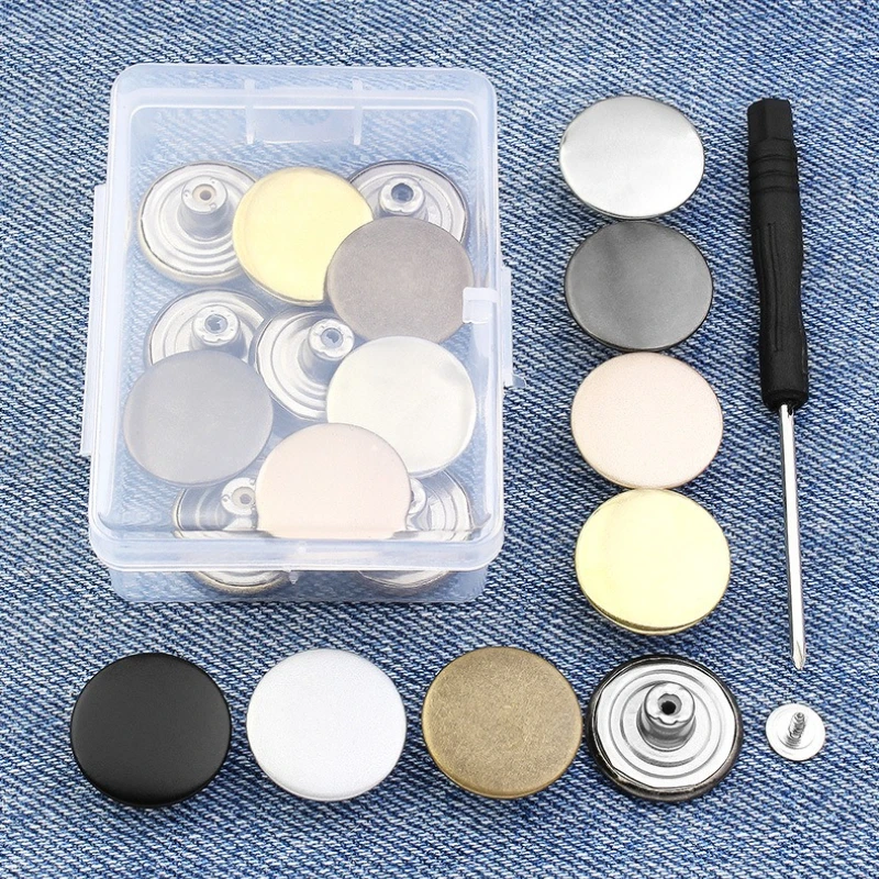 5pcs Adjustable Jeans Buttons No-punch Waist Button Accessory no sewing or nails with 1 Screwdriver and 1 Storage Box