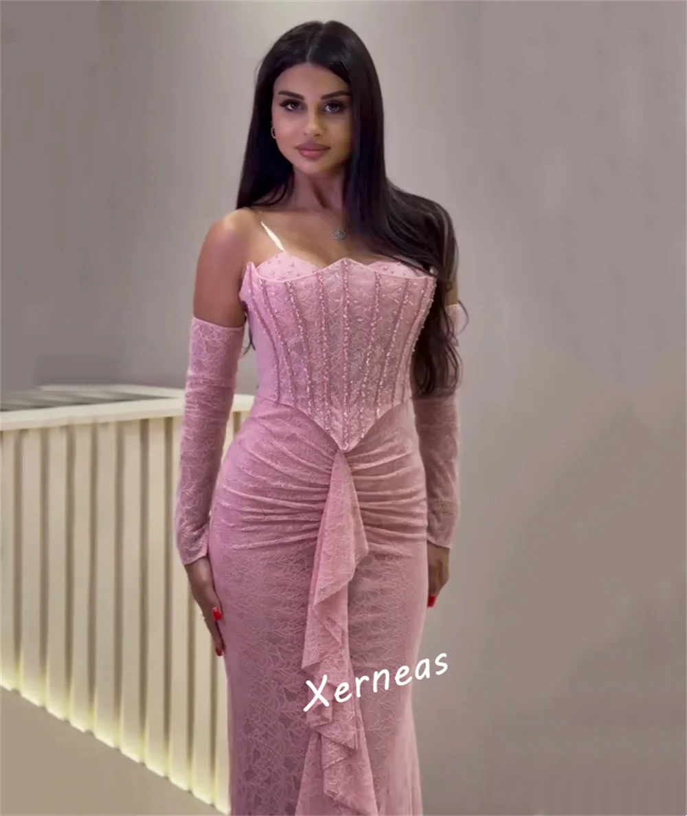 Maßgeschneidertes, hochwertiges Damen-Abendkleid, Spitze, schulterfrei, Rüschen, Meerjungfrau, bodenlang, maßgeschneiderter Anlass, elegante Party