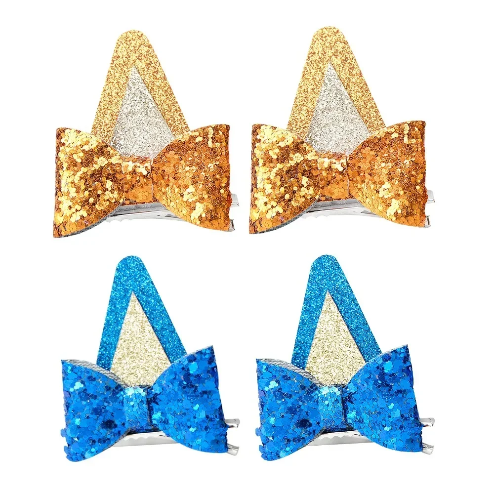 2Pcs Dog Ears Hair Bow Clips for Kids Glitter Blue Hair Bows for Toddler Girls Birthday Hairpin Hallowen Party Hair Accessories