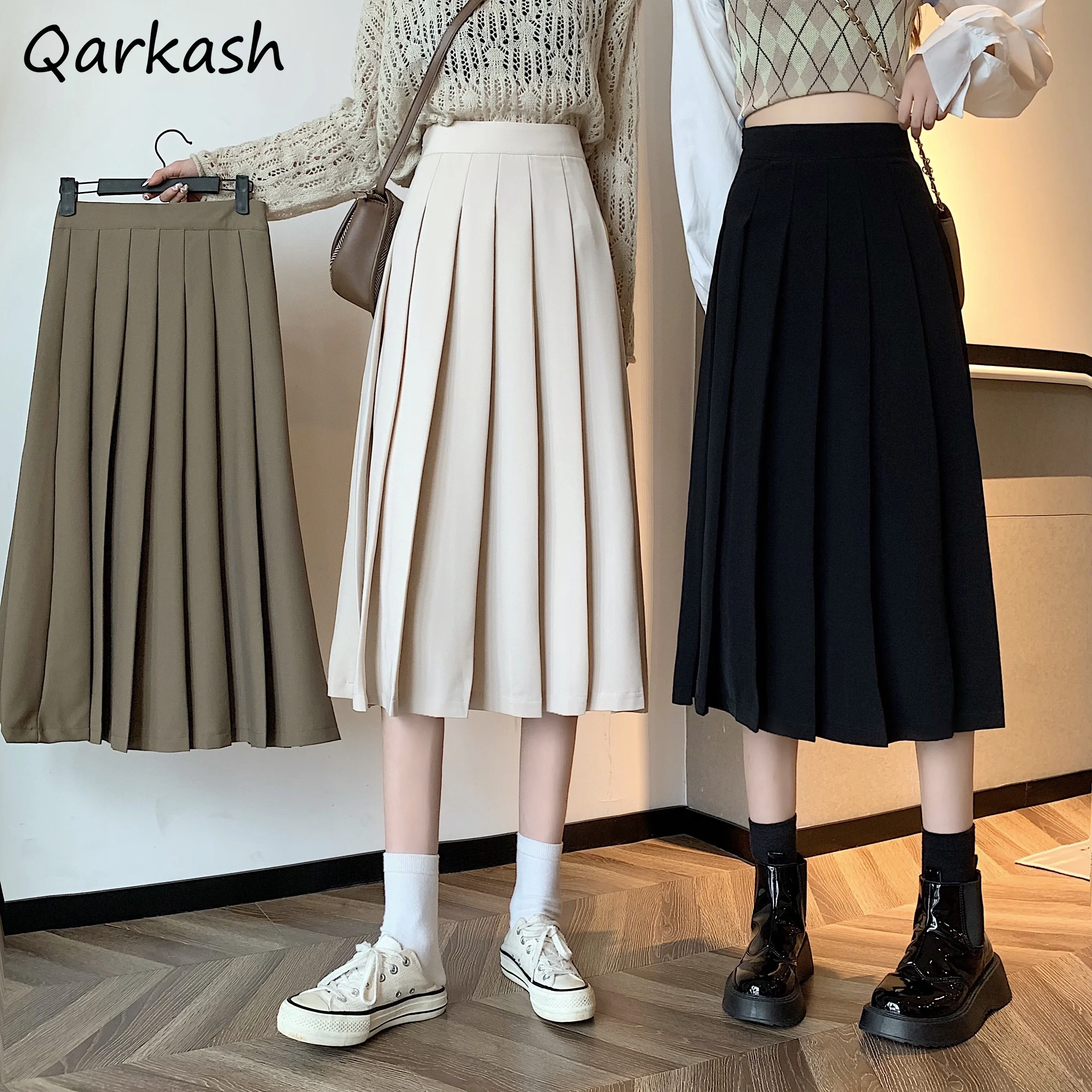 Skirts Women Tender Mid-calf Ulzzang Pleated Leisure Pure Empire Elegant Vintage All-match Friends Winter Mujer Popular Hot Sale