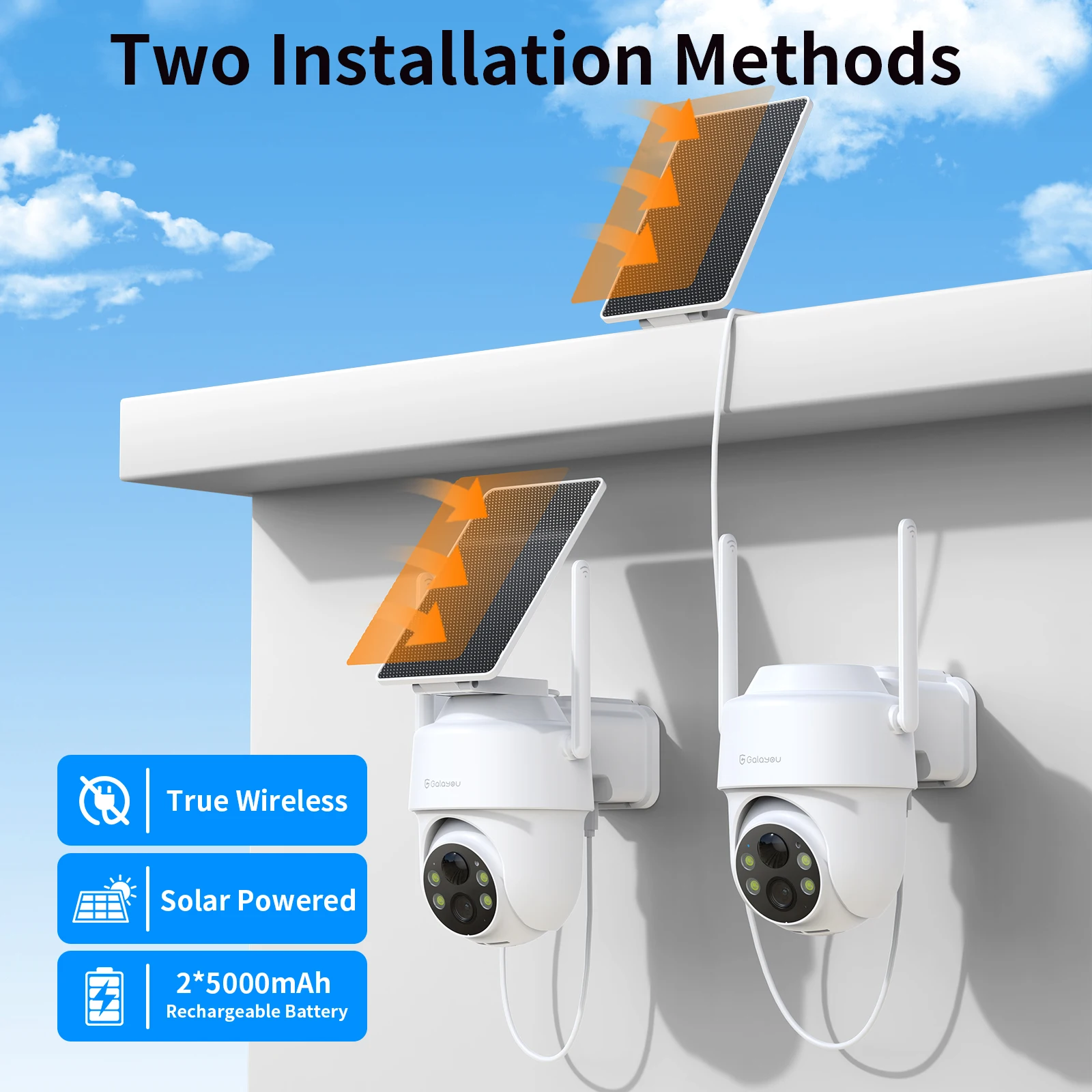 Galayou 2K HD 3MP Wireless Solar Camera Outdoor WiFi PTZ IP Camera Built-in Battery Video Surveillance Camera Human Detection