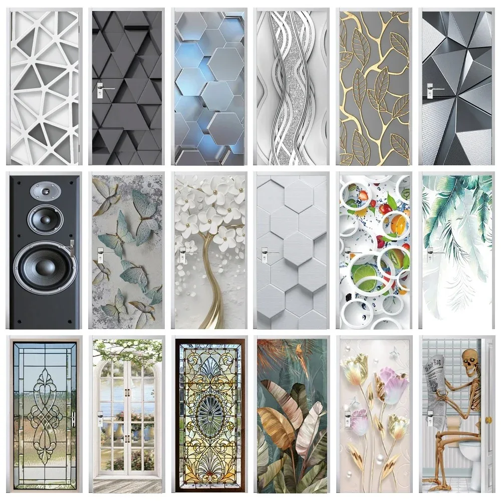 

Geometric Door Sticker Luxury Leaf Stained Glass Butterfly Floral Funny Skeleton Removable Self Adhesive Wallpaper Home Decor
