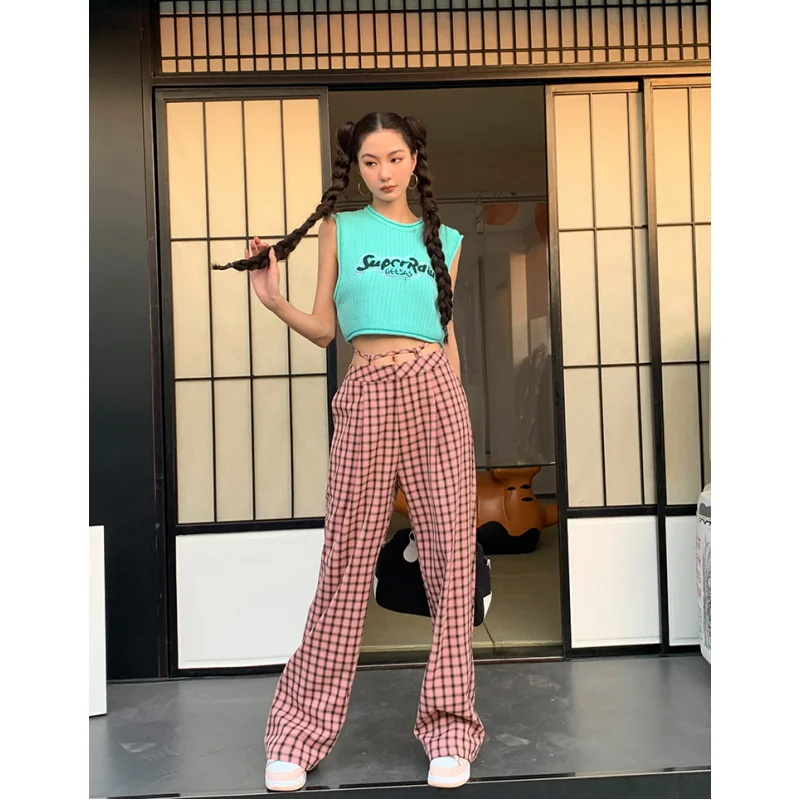 

Women Pink Sweatpants Cargo Pants Lattice Fashion High Waist Straight Casual Baggy American 2023 Summer Female Wide Leg Trouser