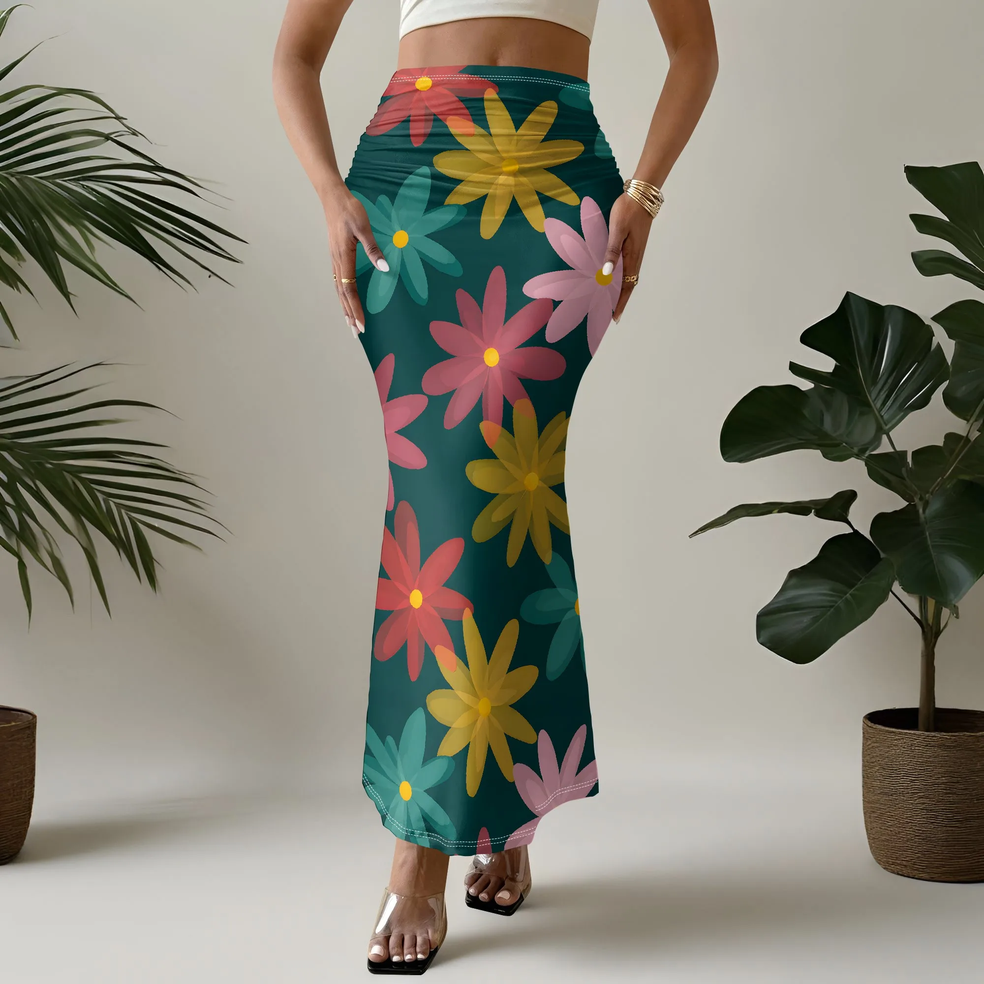 Floral Print Mermaid Skirt, Boho Summer Maxi Skirt, High Waist Beachwear, Women's Party Club Dressy Bottoms, S-2XL
