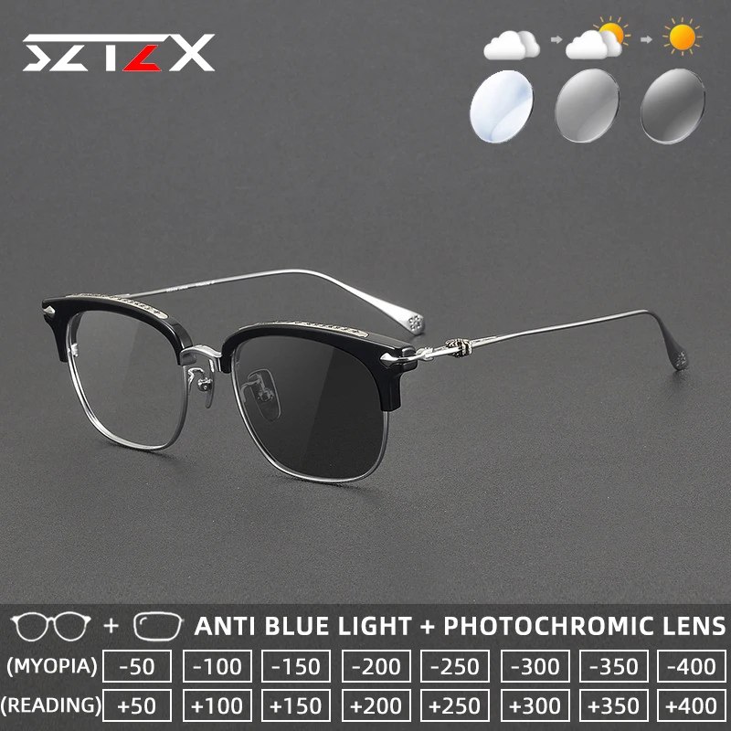 

Очки для чтения SZTZX Retro Business с фотохромными линзами, защитой от синего света, ацетатной оправой и титановыми дужками, прогрессивные, по рецепту
