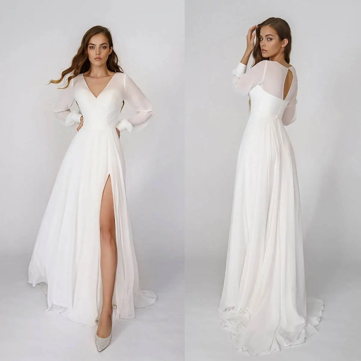 Vintage A Line Wedding Dresses Long Sleeve Side Slit V-Neck Classic Bridal Gown Sweep Train Vestido De Noiva Customized