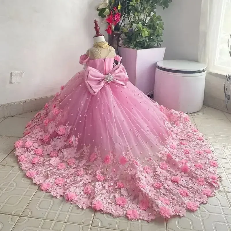 Custom Flower Girl Dress 3D Floral Lace Tulle Wedding Party Dress Kids Birthday Pageant Trailing Formal Ball Gown فساتين بنات