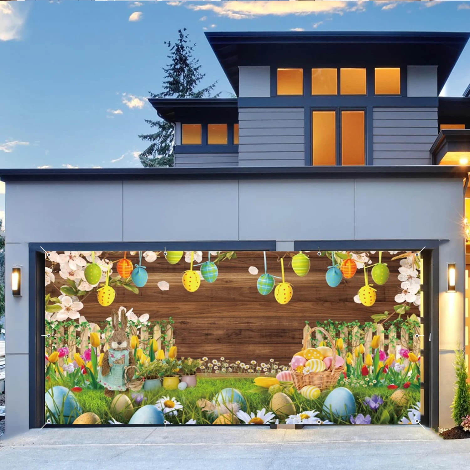 عيد الفصح باب المرآب الديكور سعيد عيد الفصح غطاء باب المرآب كبير أرنب عيد الفصح البيض الربيع زهرة في الهواء الطلق ديكور الحفلات الخلفية