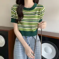 26/5000  Large size Avocado Green Knit T-shirt Short sleeve blouse ice yarn slim loose thin short Tshirt - Image 2