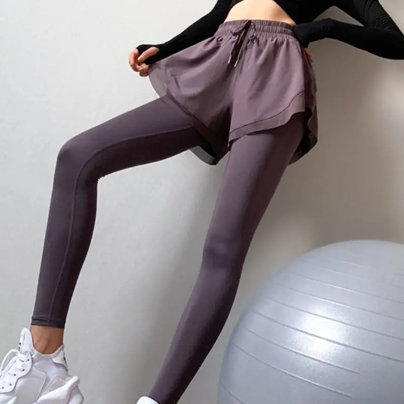 Womens High Rise 2 In 1 Tight Sports Leggings with Shorts Drawstring Waist Solid Color Fitness Running Yoga Workout Long Pants