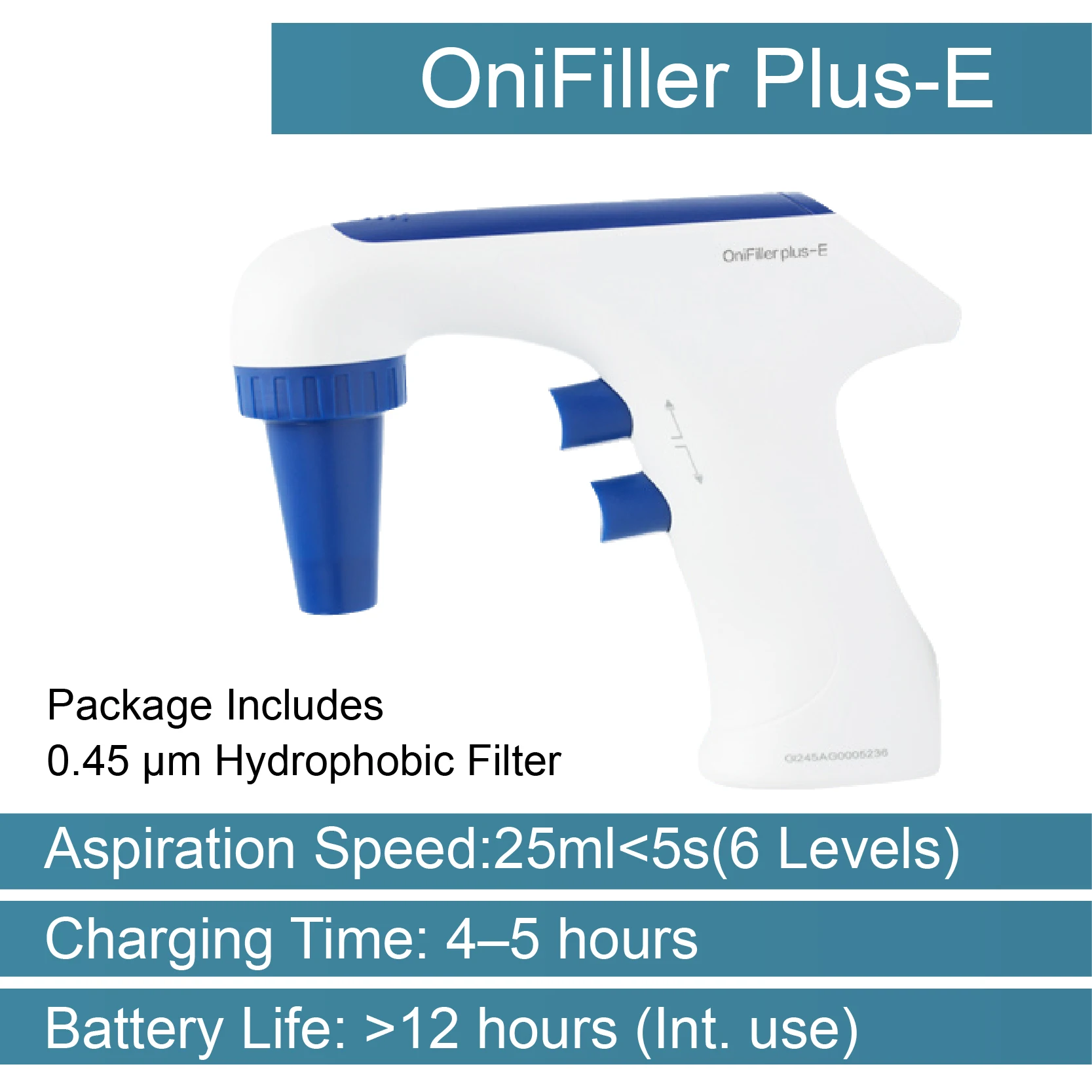 Rechargeable handheld electric pipette filler for 0.1-100 mL with LCD display adjustable speeds and replaceable 0.45μm filter