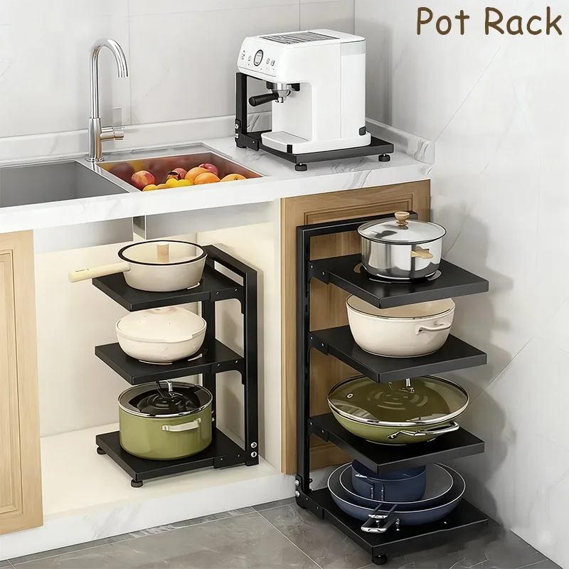 NEW Kitchen Storage Rack 3 Layer Adjustable Plates and Pots Carbon Steel Storage Rack Snap-on Floor Pot Rack Kitchen Supplies