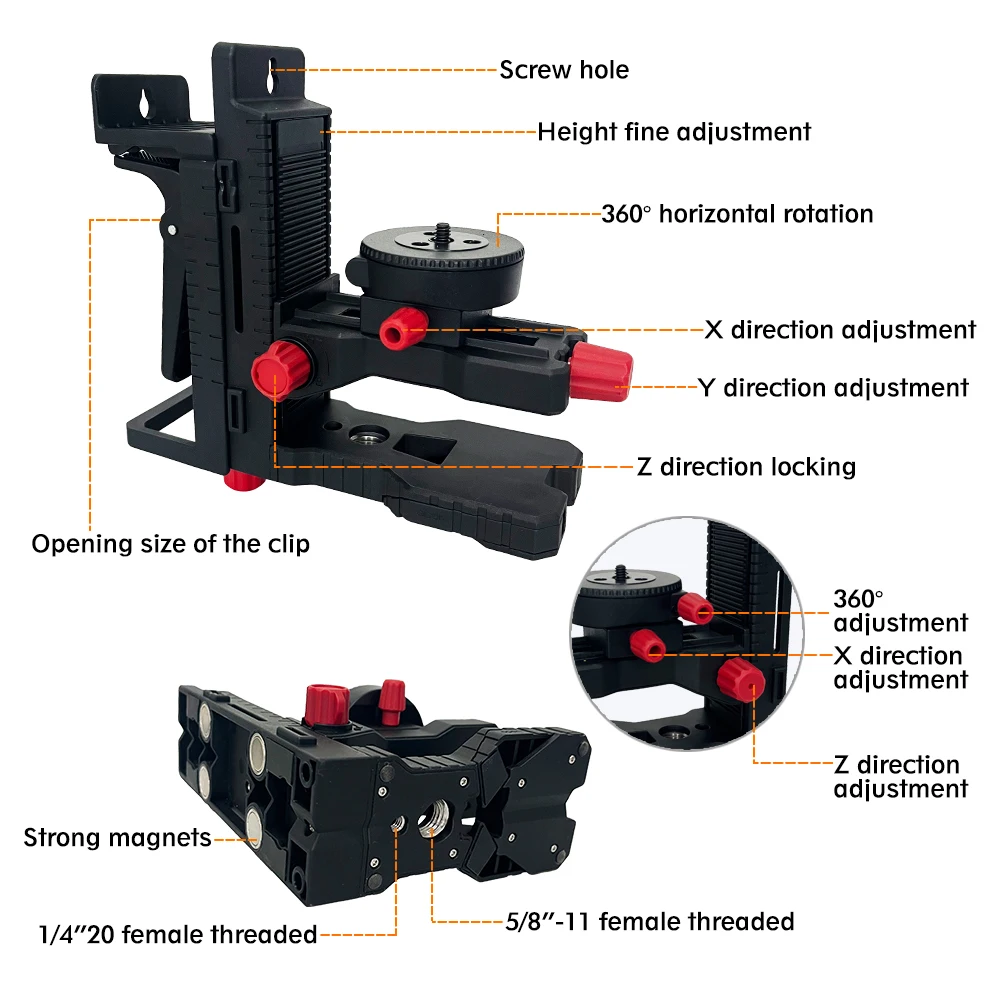 Heipoe DJ1100 Suporte de nível laser magnético em forma de L e montado na parede/adaptador de nível com suporte para pés e parafuso 1/4 e parafuso 5/8