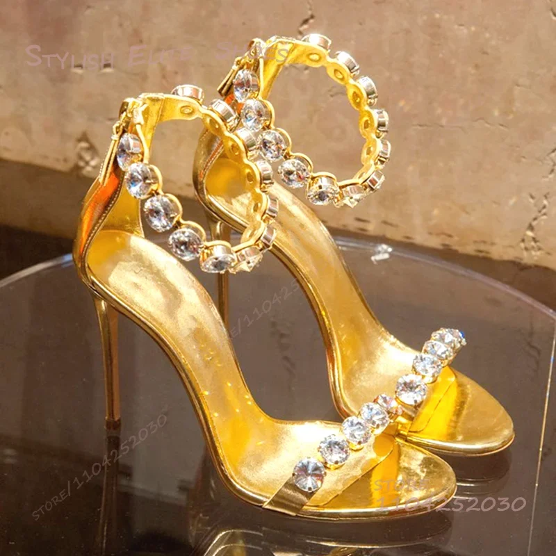 

Matte Gold Shiny Large Crystal Beads Heels Women Sexy Luxury Open Sandals Red Back Zipper Buckle Hollow Evening Crystal Shoes