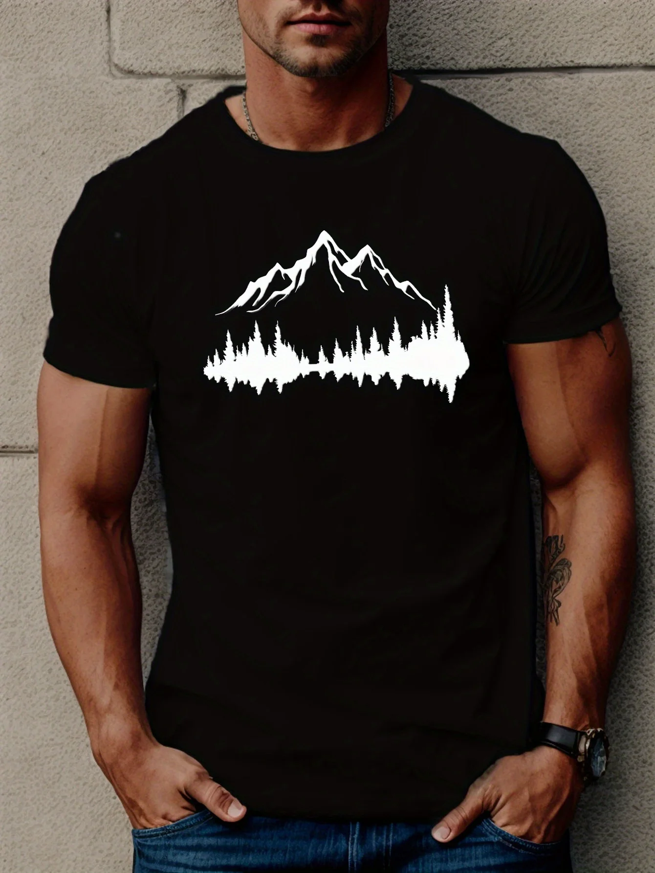 Summer Men's 100% Cotton Casual Loose Large Size Mountains And Trees Printed Sports Comfortable Round Neck Short Sleeve T-shirt image 4