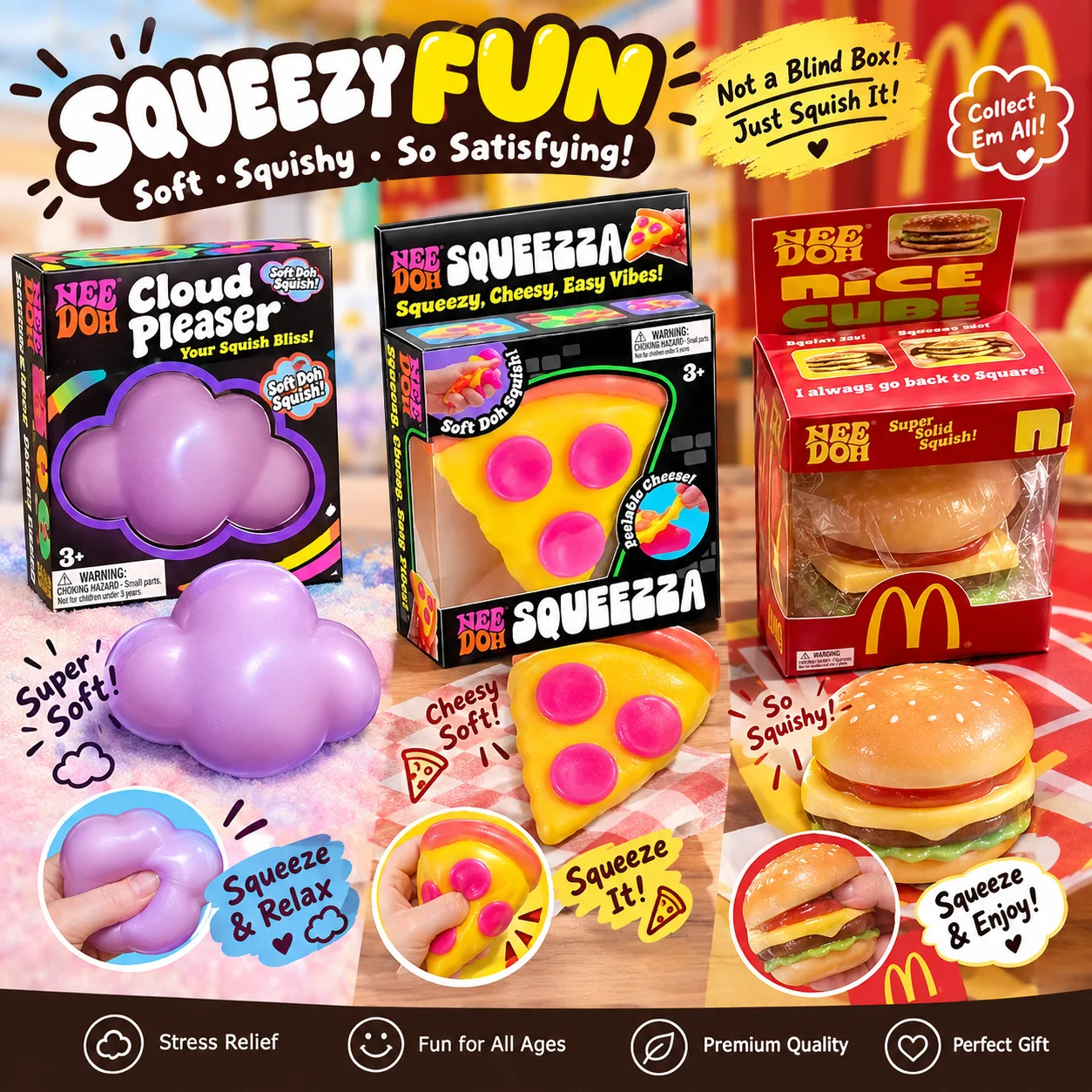 Nee Doh Food Series Squishy Fidget Toy Cloud Pleaser Squeeza Pizza Nice Cube Burger Weiches, festes Squishy-Stressabbau-Handspielzeug zum Quetschen