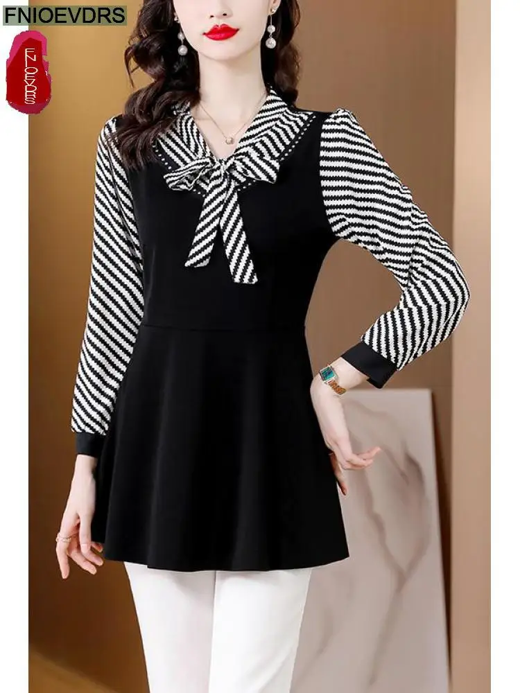 M-4XL Hot Sales 2023 Women Long Sleeve Elegant Office Lady Work Basic Wear Black Casual Bow Tie Belly Tunic Peplum Tops Blouses