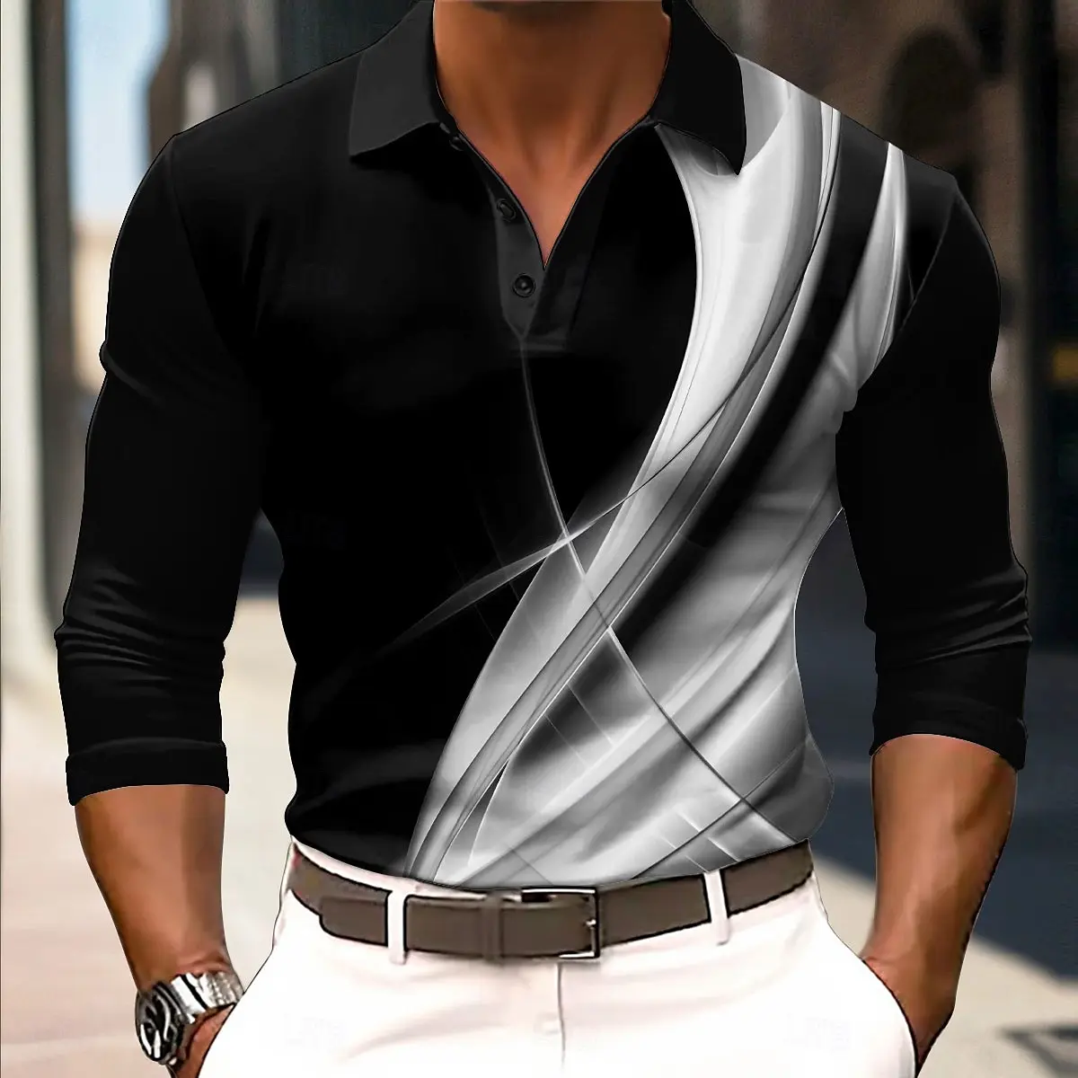 Men's Geometic Lines Long Sleeved Polo Shirts Breathable Casual Top Slim Fit Quick Dry Classic Collar Multi Color Simple Design