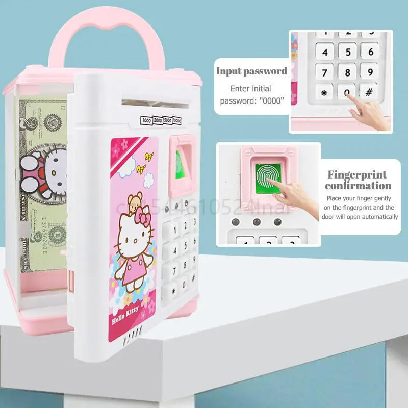 Sanrio Hello Kitty Kawaii Cartoon Fingerprint Piggy Bank Automatic Cash Roll Atm Safe Creative Gift Electric Girl Boy Toy Gift