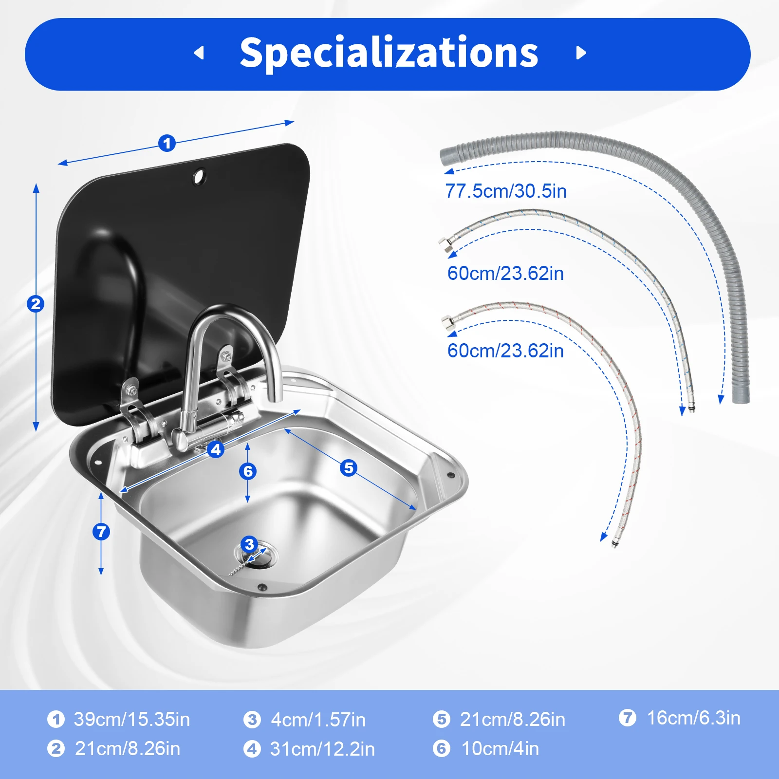 Lavabo de acero con grifo plegable, lavabo de mano, tapa de vidrio templado, accesorios de remolque para caravana o barco