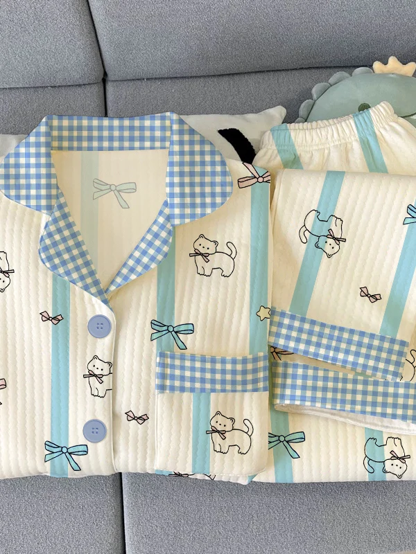 Casual Striped Sleepwear Women's Autumn Winter New Cartoon  INS Style Air Cotton Layered Home Clothes Set Long Sleeve Long...