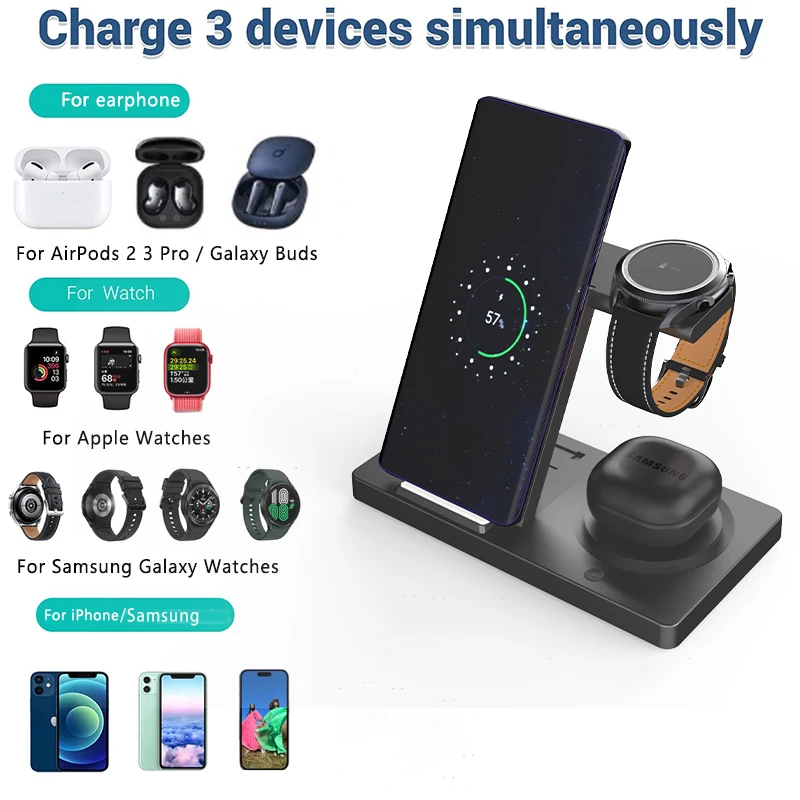 3 in 1 Wireless Charger For iPhone 14 13 12 11 Fast Charging Station for Airpods Pro Apple Watch 8 7 6 5 4 /Samsung Galaxy Watch