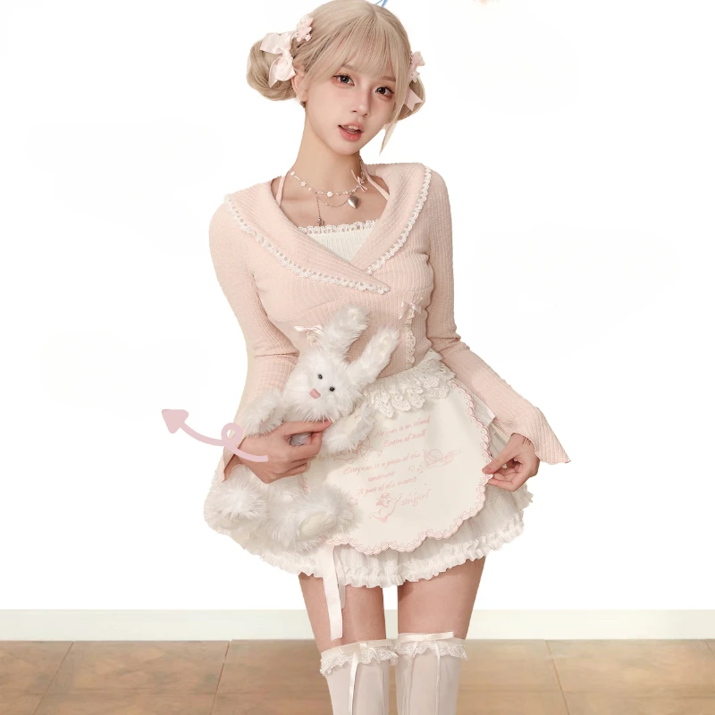 2024 Autumn Vintage Lolita Style 2 Piece Set Women Sweet Knitted Blouse Tops +Y2k Princess Mini Skirt Female Korean Elegant Set