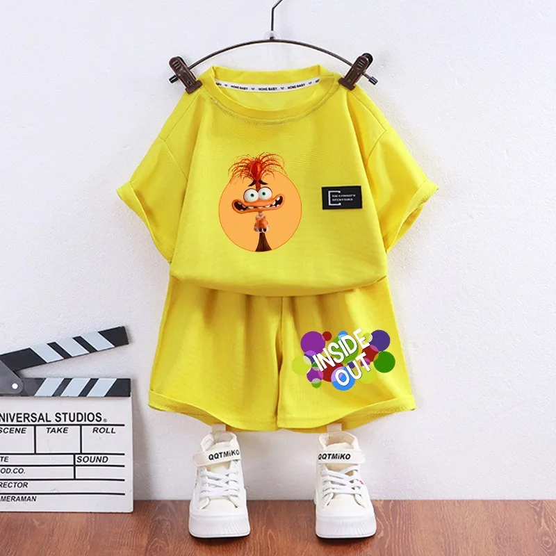 Disney Inside Out Children Clothing Sets Summer T-Shirts Shorts 2pcs Tracksuit Suit Anime Tees Tops Waffle Kids Clothes Outfit