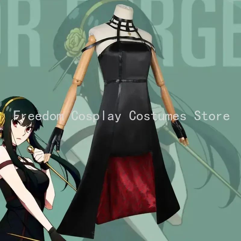 

zizi 2025 Anime Spy X Family Cosplay Gothic Halter Black Dress Leather Stockings Outfit Yor Forger Earring Wig Women