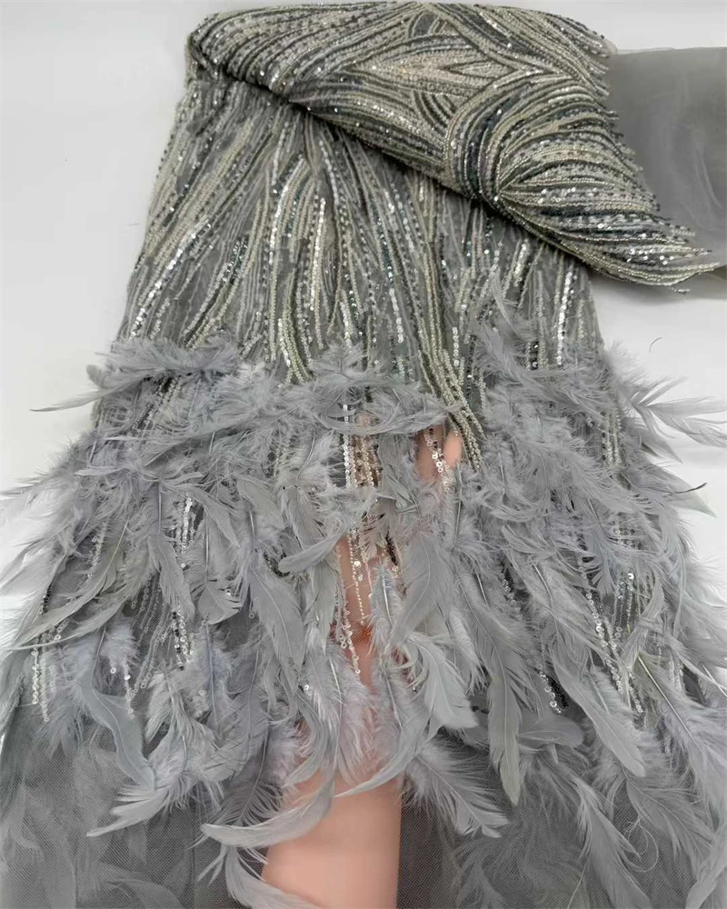 

Африканская 3D сетчатая кружевная ткань с перьями, 2026, французская нигерийская кружевная ткань ручной работы с блестками и бисером для шитья женского праздничного платья