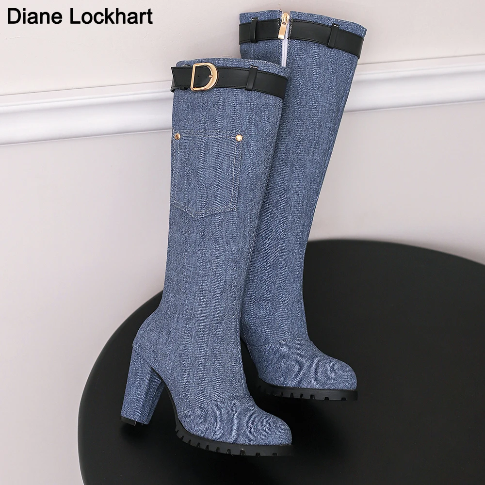 Designer New Slim Plus Size Denim Knee high Boots Women Chunky Heels High-heeled Shoes Round Toe belt buckle Cowboy Bottes