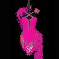 SYL rose red fully crystallized feather boas stone fringe girls kids rhythm dance dress latin dance dress competition