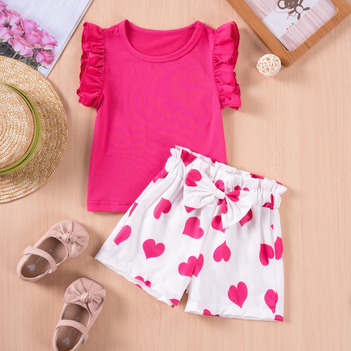 Summer Toddler Girl's Set Solid Color Top + Printed Heart Shorts Two Piece Girls Sweet Casual Set Kids Clothes Girls