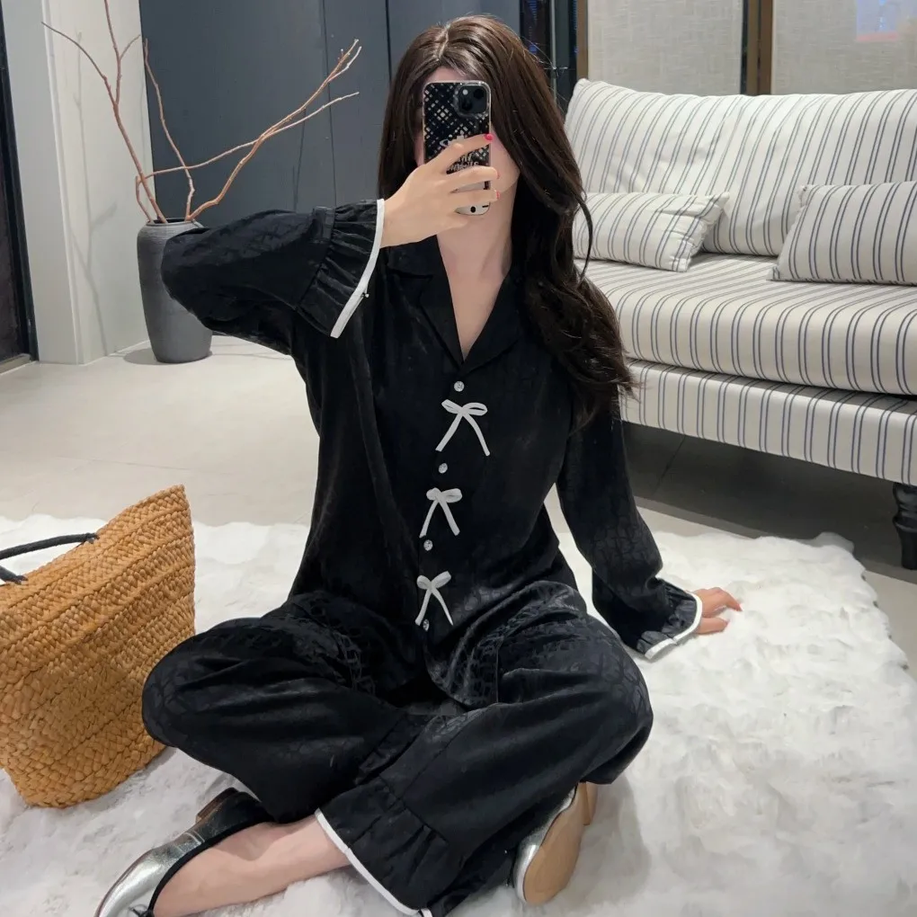 French Sweet Bow Nightwear Women's Spring and Autumn Long sleeved Ice Silk Jacquard Korean Style High end Home Furnishing Set