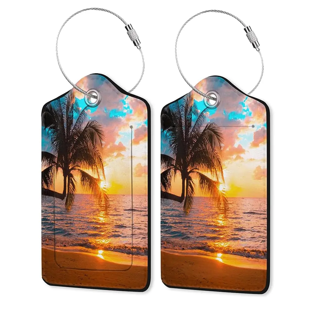 

Tropical Palm Luggage Tags Set of 2 Leather Luggage Tags Privacy Cover Suitcase Label with Stainless Steel Loop for Women/Men
