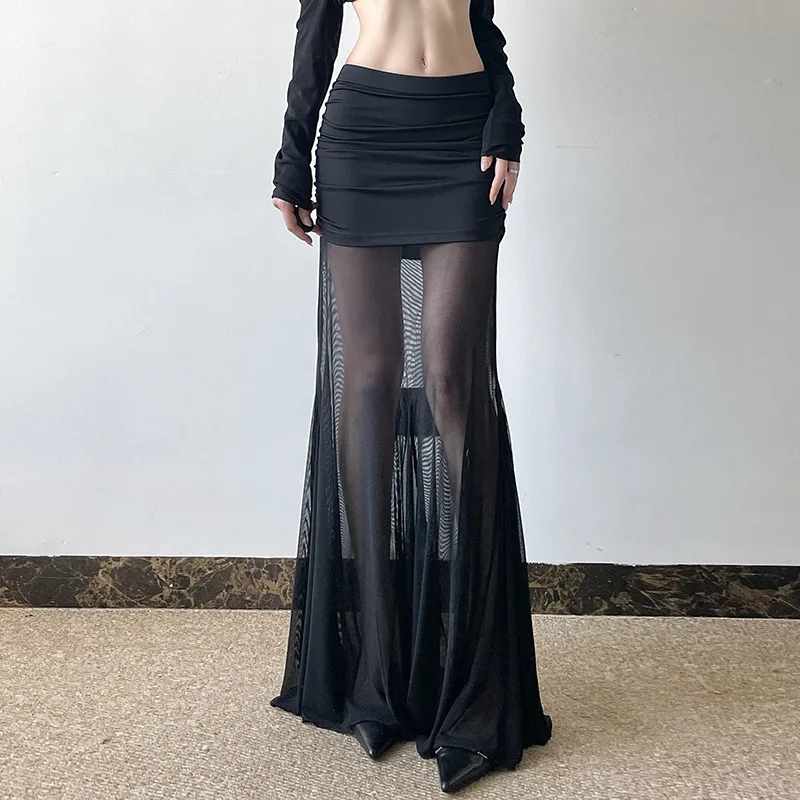 スパイスガール純粋な欲望を表現するハイウエストスリムバッグヒップスカート、女性らしいダークウィンドワイルドメッシュステッチ透け感ドレープスカート。