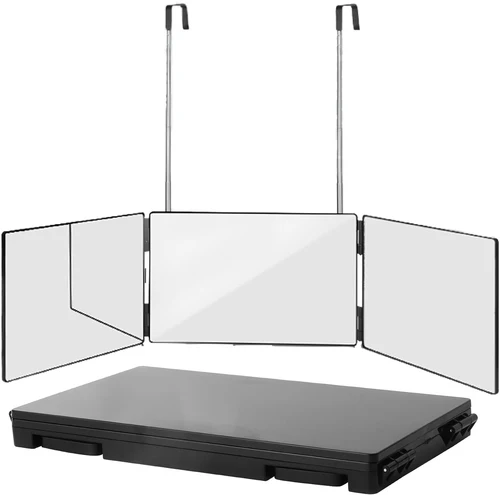 Espejo triple portátil negro 360 con ganchos telescópicos ajustables en altura, Ideal para cortar el pelo, maquillaje esencial, Fordable