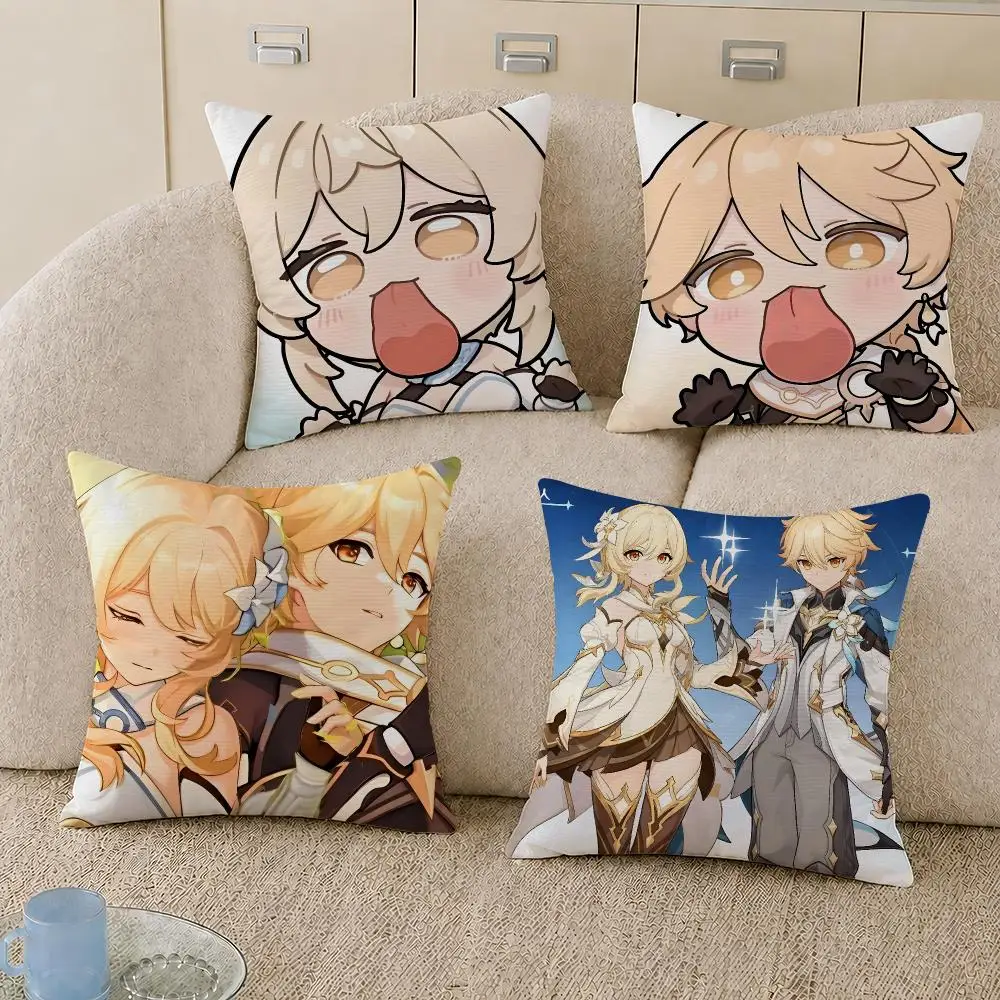 Aether And Lumine Genshin Impact Cushion Cover Decorative Pillowcase Soft Short Plush Cozy Durable Sofa Home Decor Items Gift