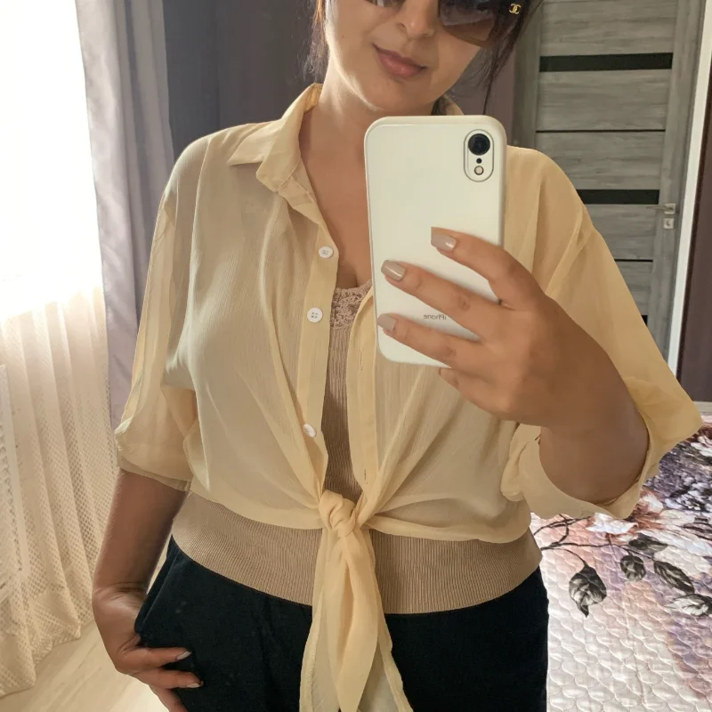 2023 Summer Half Sleeve Buttoned Up Shirt Loose Casual Blouse Chiffon Shirts Women Tied Waist Elegant Blouses for Women 9776