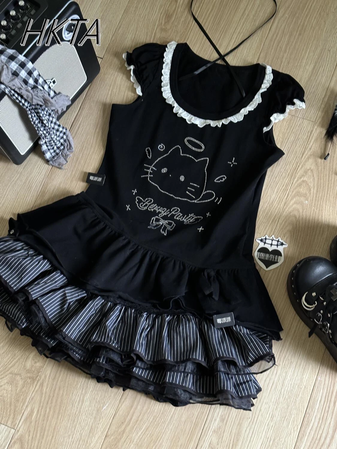 Japanese Y2k Sweet Hot Girl Style Black Tops Lace Bow T-shirt Puffy Black Gray Short Skirt Two Piece Sets Womens Skirts Outifits