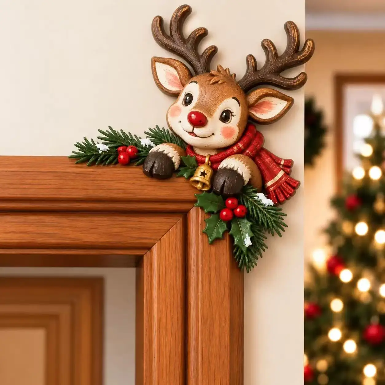 2026 Houten Kerstdeurhoekdecoratie, Kerstman Sneeuwpop Rendier Cartoon Hangende Hanger, Kerstdeurkozijn Ornament voor Feest en Huis