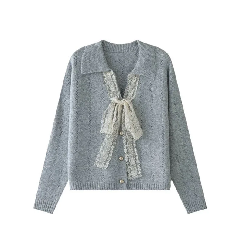 Maglione con risvolto giallo con scollo a V francese da donna Primavera Autunno Cardigan lavorato a maglia a maniche lunghe Cappotto maglione Giacca coreana in maglia